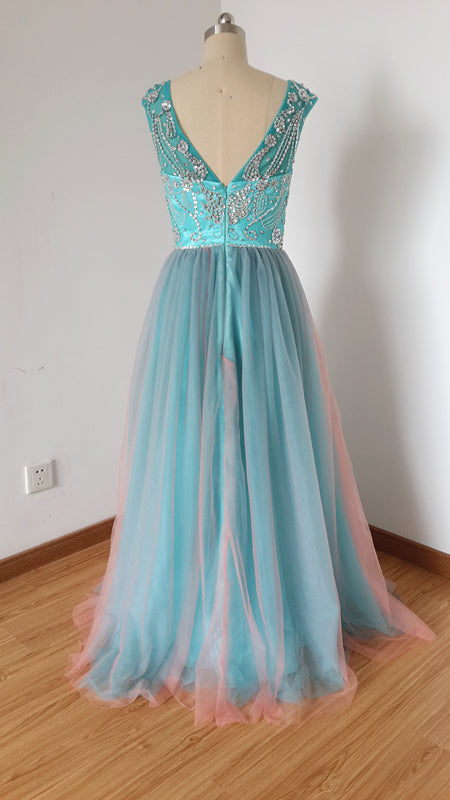 Cap Sleeves V-back Long Tulle Beaded Prom Dress  DressCulture