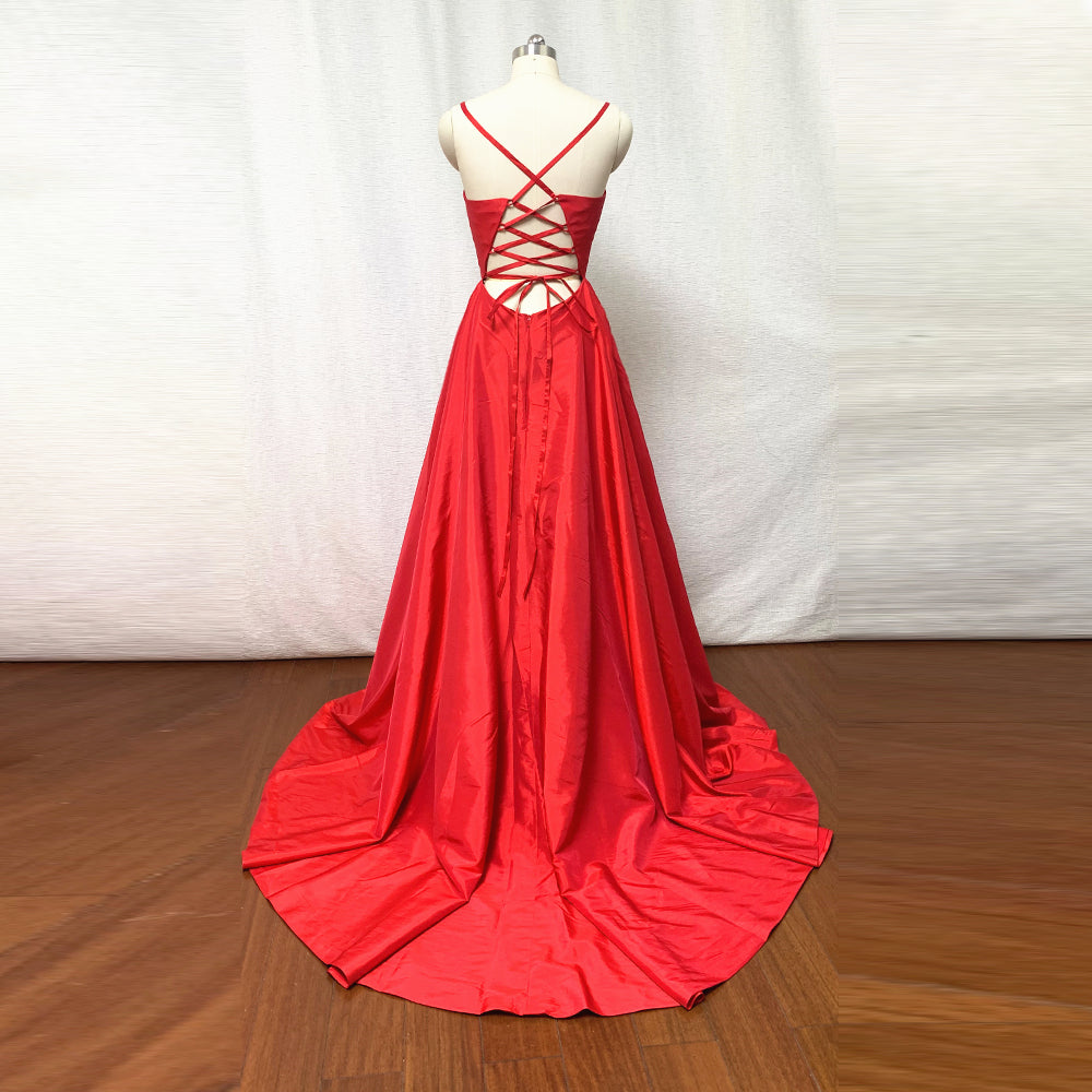 Red Taffeta Prom Dress Corset with Slit – DressCulture