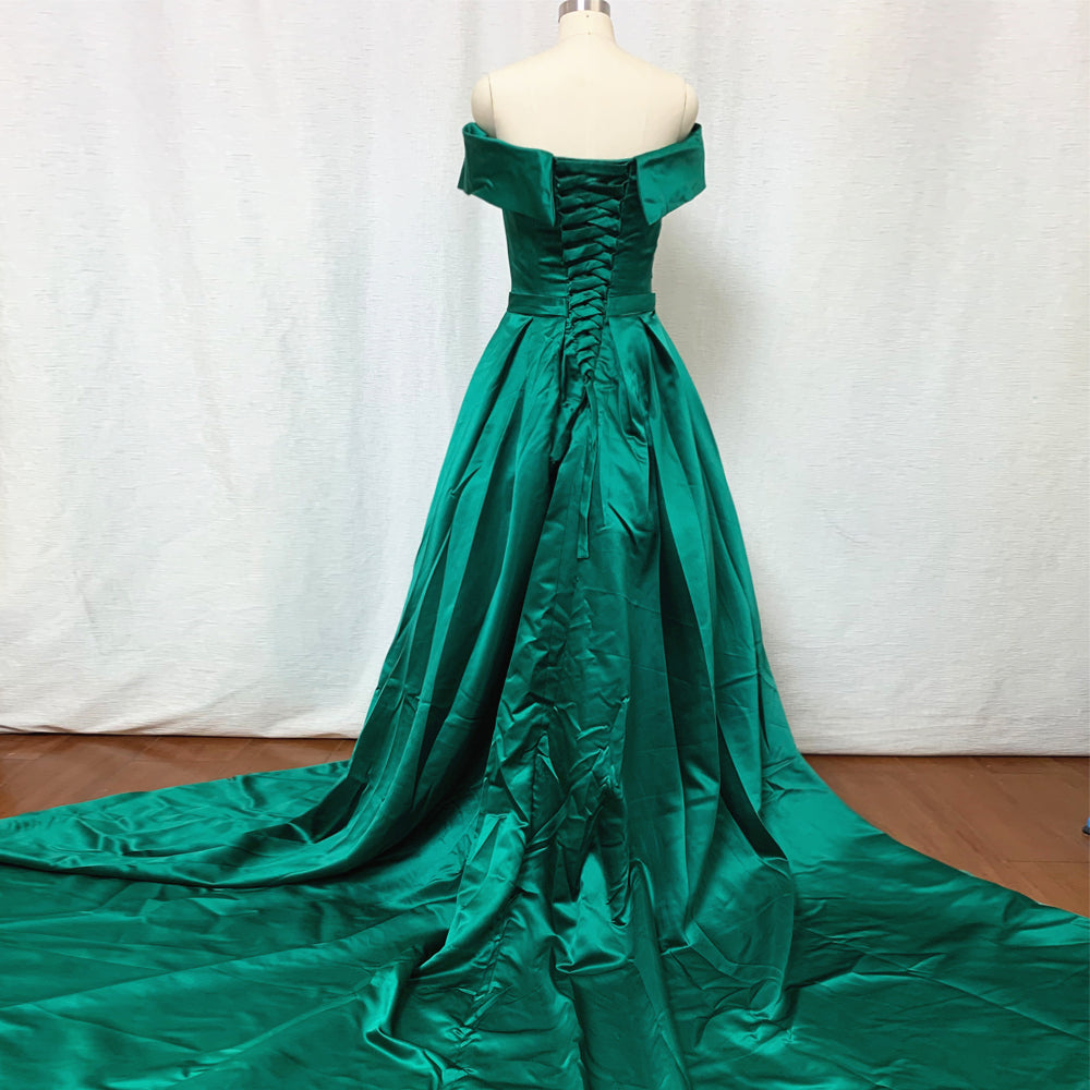 open lace back dress Emerald Green Satin Prom Dress Ball Gown with Corset – DressCulture