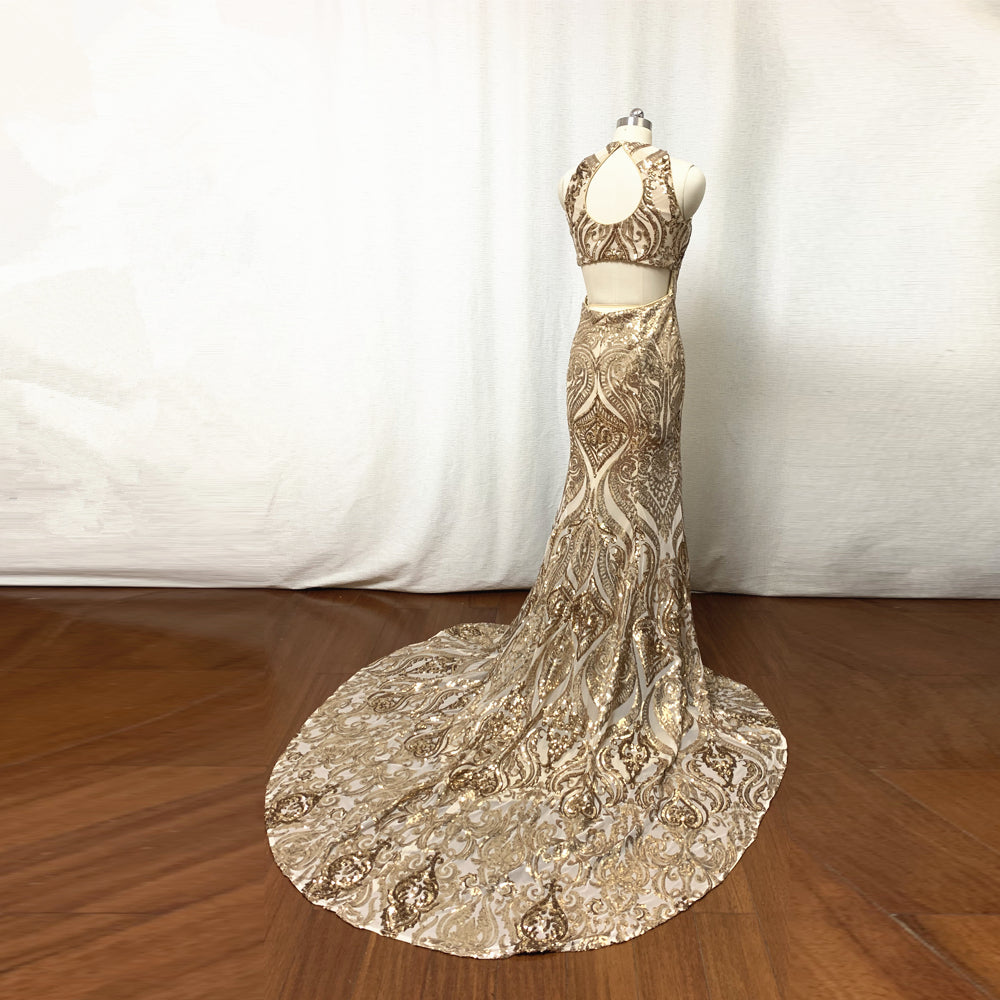 fitted lace wedding dress Gold Pattern Sequin Prom Dress Long Fitted with Slit – DressCulture
