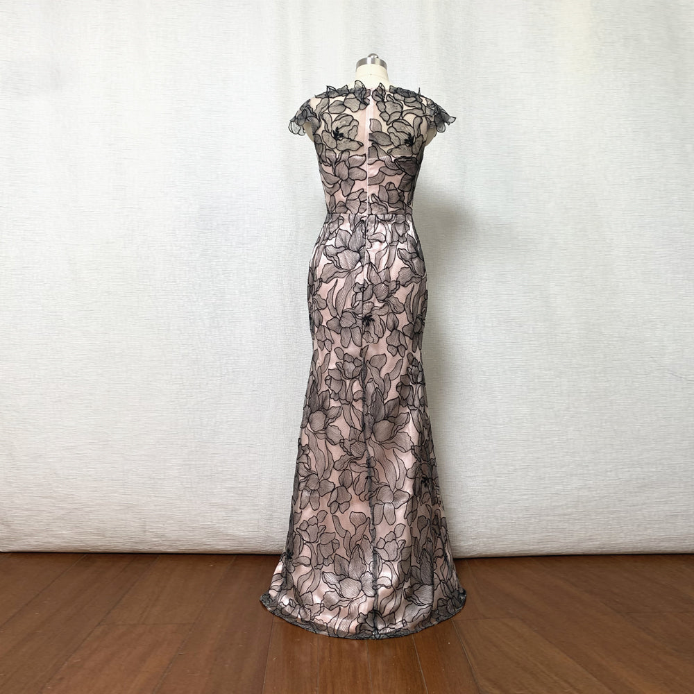 Mermaid Black Floral Lace Prom Dress with Cap Sleeves Custom Size / Blue