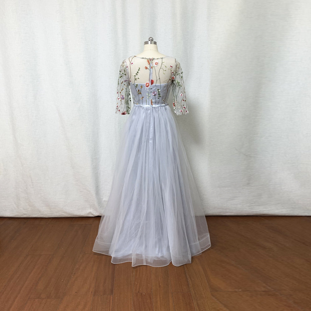 Light Grey Floral Tulle Fairy Prom Dress Long Sleeves with Slit –  DressCulture