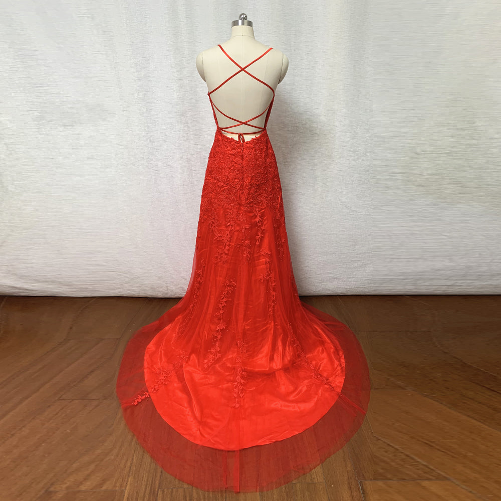 Red Lace Tulle Prom Dress Long Fitted with Corset Back 8 / Custom Color Red Lace Tulle Prom Dress Long Fitted with Corset Back 8 / Custom Color