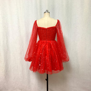 Sparkly Red Tulle Homecoming Dress 2023 with Long Sleeves