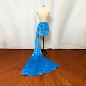 Blue Velvet Bodycon Homecoming Dress 2023 with illusion Top Ruching Skirt Draping Train
