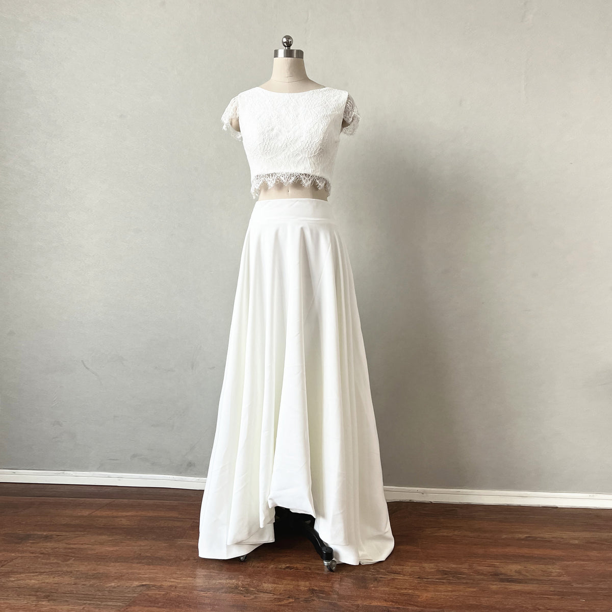 Two Pieces Prom Dress Ivory Lace Satin Wedding Dress Button Closure –  DressCulture