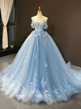 Load image into Gallery viewer, Blue Prom Dress 2024 Tulle Lace Appliques with Corset Back