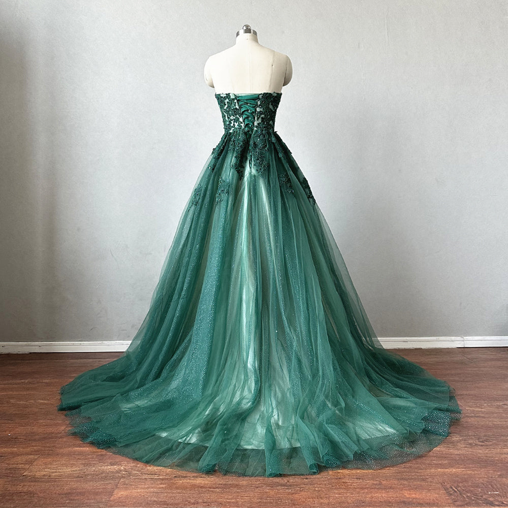 dark green prom dress corset Long Sweetheart Prom Dress with Corset Bodice Emerald / Small