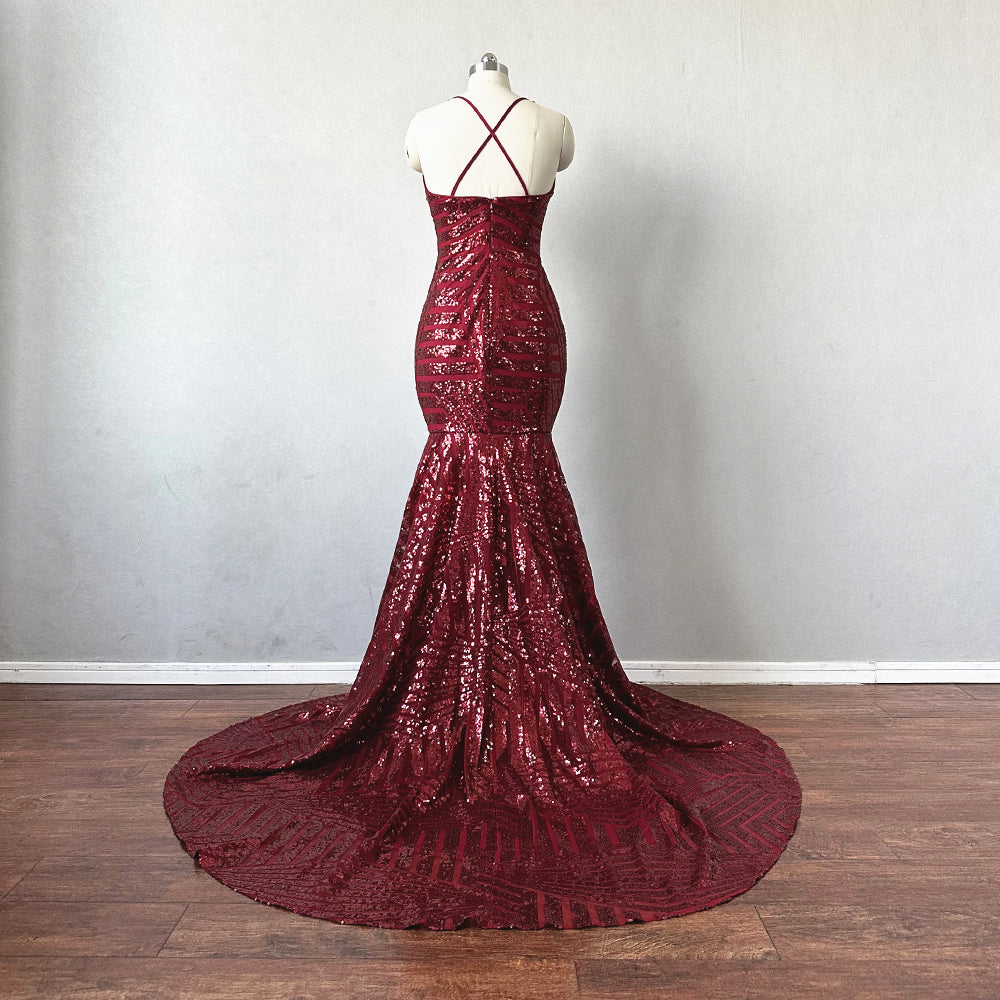 Burgundy Pattern Sequin Prom Dress Mermaid – DressCulture
