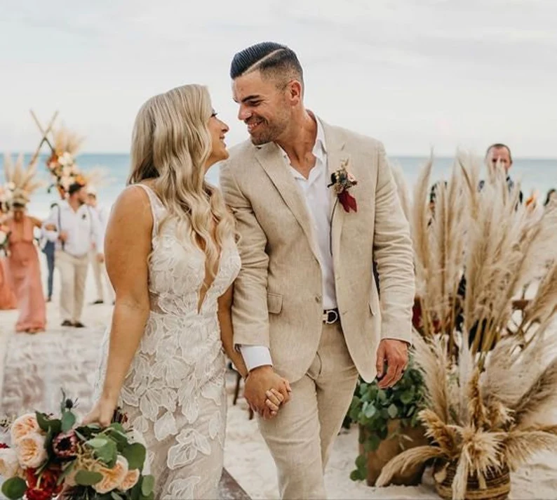 Beige Linen Wedding Suits Beach Wedding – DressCulture
