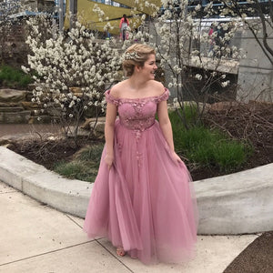 Off Shoulder Dusty Rose Lace Tulle Long Prom Dress 2020