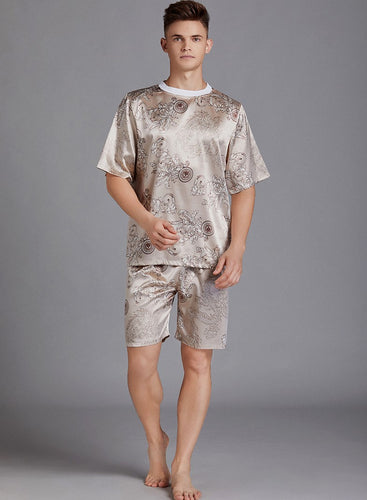 Crew Neck Printed Silk Satin Pajamas Men's Short Sleeve Shorts Homewear Set