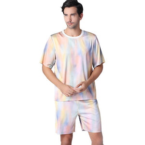 Tie Dye Silk Satin Short Sleeve Shorts Summer Pajamas Men's Crew Neck Loose Homewear Set