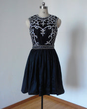Load image into Gallery viewer, Backless Black Taffeta Short Beaded Homecoming Dress