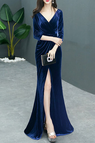 Velvet Prom Dress 2020 Royal Blue Long 3/4 Sleeves