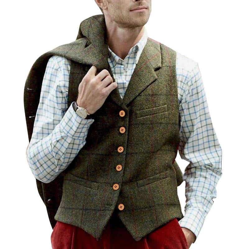 Solove-Suit Elegant vest voor heren, geruit, slimfit, wol, tweed vest voor bruiloft, grijs, XXL