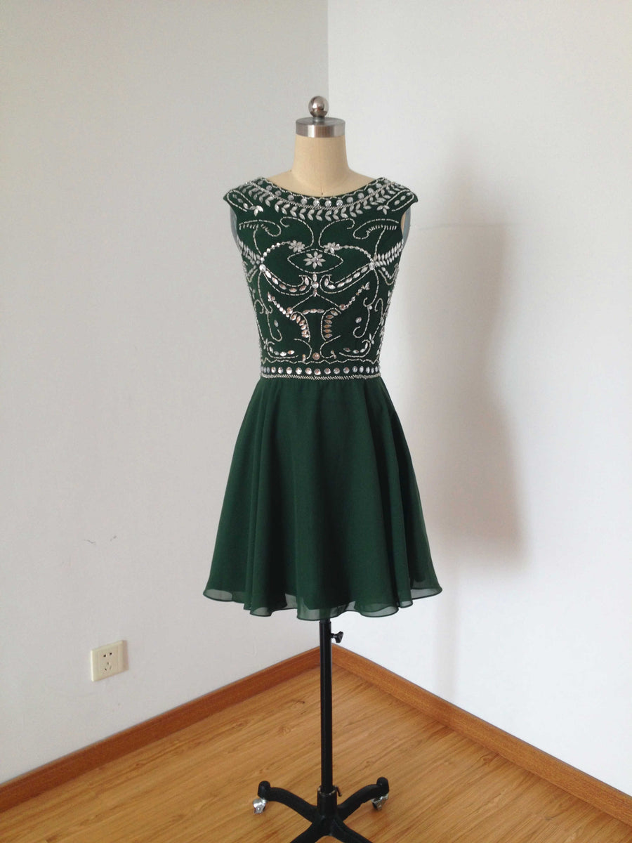 Cap Sleeves Dark Green Chiffon Short Homecoming Dress – DressCulture