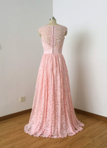 Cap Sleeves Sweetheart Blush Lace Long Bridesmaid Dress with Back Buttons