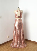 Load image into Gallery viewer, Two Piece Rose Gold Sequin Long Prom Dress 2020