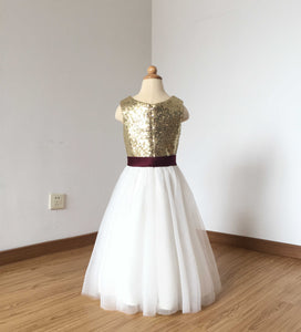 Floor-length Light Gold Sequin Ivory Tulle Flower Girl Dress with Burgundy Sash