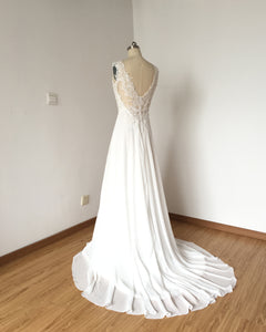 V-neck Ivory Lace Chiffon Long Prom Dress Wedding Dress