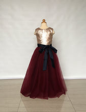 Load image into Gallery viewer, Floor-length Matte Champagne Gold Sequin Burgundy Tulle Flower Girl Dress with Black Sash