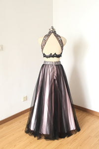 Two Piece Black Tulle Pink Lining Long Prom Dress 2020 Backless