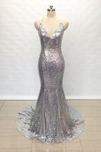 Load image into Gallery viewer, Spaghetti Straps V Neck Silver Sequin Long Prom Dress 2020 Mermaid