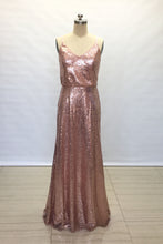 Load image into Gallery viewer, Sheath Spaghetti Straps Rose Gold Sequin Long Bridesmaid Dress
