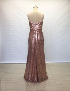 Sheath Spaghetti Straps Rose Gold Sequin Long Bridesmaid Dress
