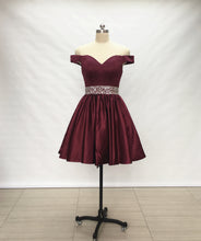 Load image into Gallery viewer, Off Shoulder Burgundy Satin Short Homecoming Dress
