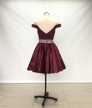 Load image into Gallery viewer, Off Shoulder Burgundy Satin Short Homecoming Dress