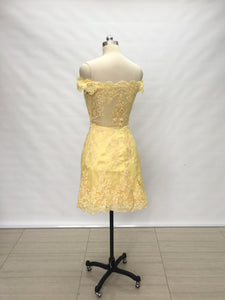Off Shoulder Sweetheart Yellow Lace Short Homecoming Dress