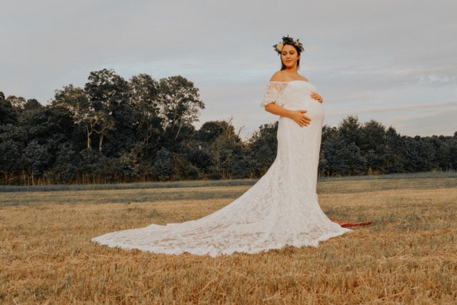 Strapless Ivory Lace Long Maternity Wedding Dress Boho with Long Train DressCulture Strapless Ivory Lace Long Maternity Wedding Dress Boho with Long Train DressCulture