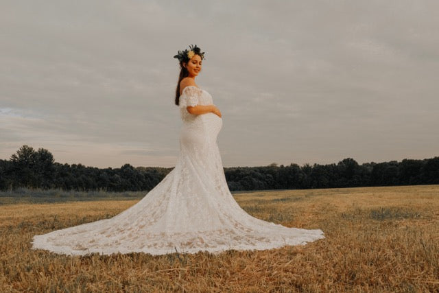 Strapless Ivory Lace Long Maternity Wedding Dress Boho with Long Train DressCulture Strapless Ivory Lace Long Maternity Wedding Dress Boho with Long Train DressCulture