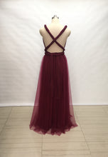 Load image into Gallery viewer, Custom Burgundy Tulle Overlay Spandex Long Convertible Bridesmaid Dress