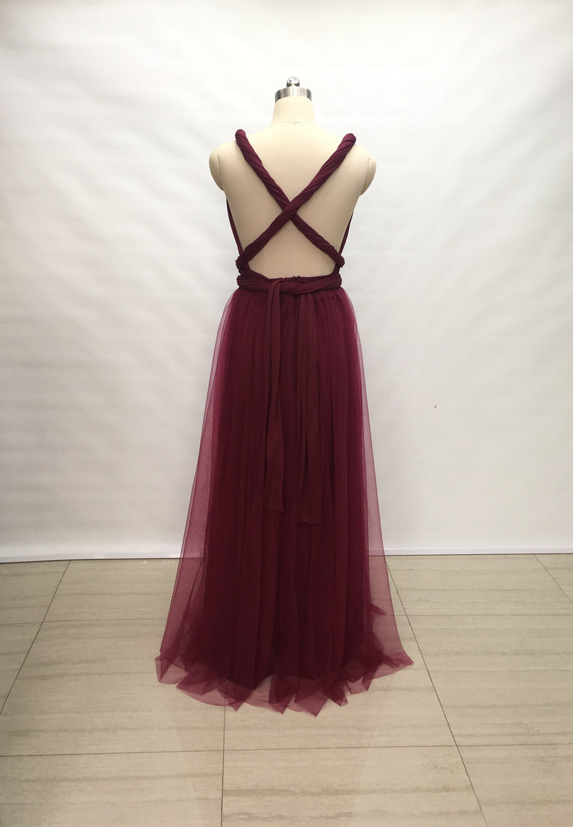 Custom Burgundy Tulle Overlay Spandex Long Convertible Bridesmaid Dres –  DressCulture