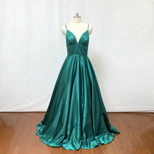 Load image into Gallery viewer, Spaghetti Straps Emerald Green Satin Long Prom Dress 2020 Ball Gown