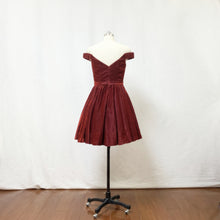 Load image into Gallery viewer, Off the Shoulder Burgundy Glitter Short Homecoming Dress with Pockets