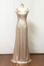 Load image into Gallery viewer, Sheath Matte Champagne Gold Sequin Long Bridesmaid Dress
