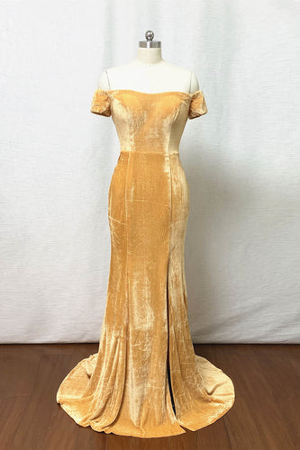 Velvet Bridesmaid Dress 2020 Mermaid Gold Velvet Long Prom Dress with Slit & Short Sleeves