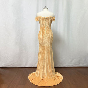 Velvet Bridesmaid Dress 2020 Mermaid Gold Velvet Long Prom Dress with Slit & Short Sleeves