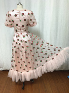 Strawberry Tulle Midi Prom Dress 2023 Made-to-Order with Puffy Sleeves