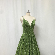 Load image into Gallery viewer, Moss Green Floral Prom Dress 2023 Ball Gown Spaghetti Straps Long Evening Dress with Pockets