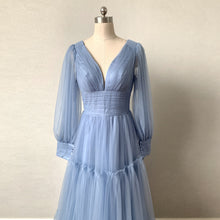 Load image into Gallery viewer, Prom Dress with Sleeves 2023 Dusty Blue Tulle Corset Back Evening Dress