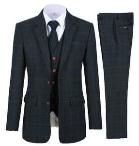 Brown Men suits Plaid Tweed Suits for man Three pieces vintage Lapel Tuxedos Groomsmen Winter Wedding Suits (Blazer+vest+Pants)