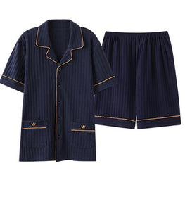 Cardigan Lapel Pajamas Men's Knitted Pit Strip Cotton Summer Short-Sleeved Homewear Suit