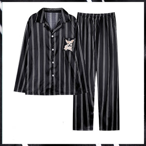 Striped Satin Pajamas Men's Thin Long Sleeve Loungewear Set With Pockets