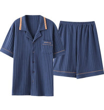 Load image into Gallery viewer, Cardigan Lapel Pajamas Men&#39;s Knitted Pit Strip Cotton Summer Short-Sleeved Homewear Suit