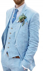 Linen Suits for Men 3 Piece Summer Wedding Jacket Vest Pants Blue Grey Green Beige